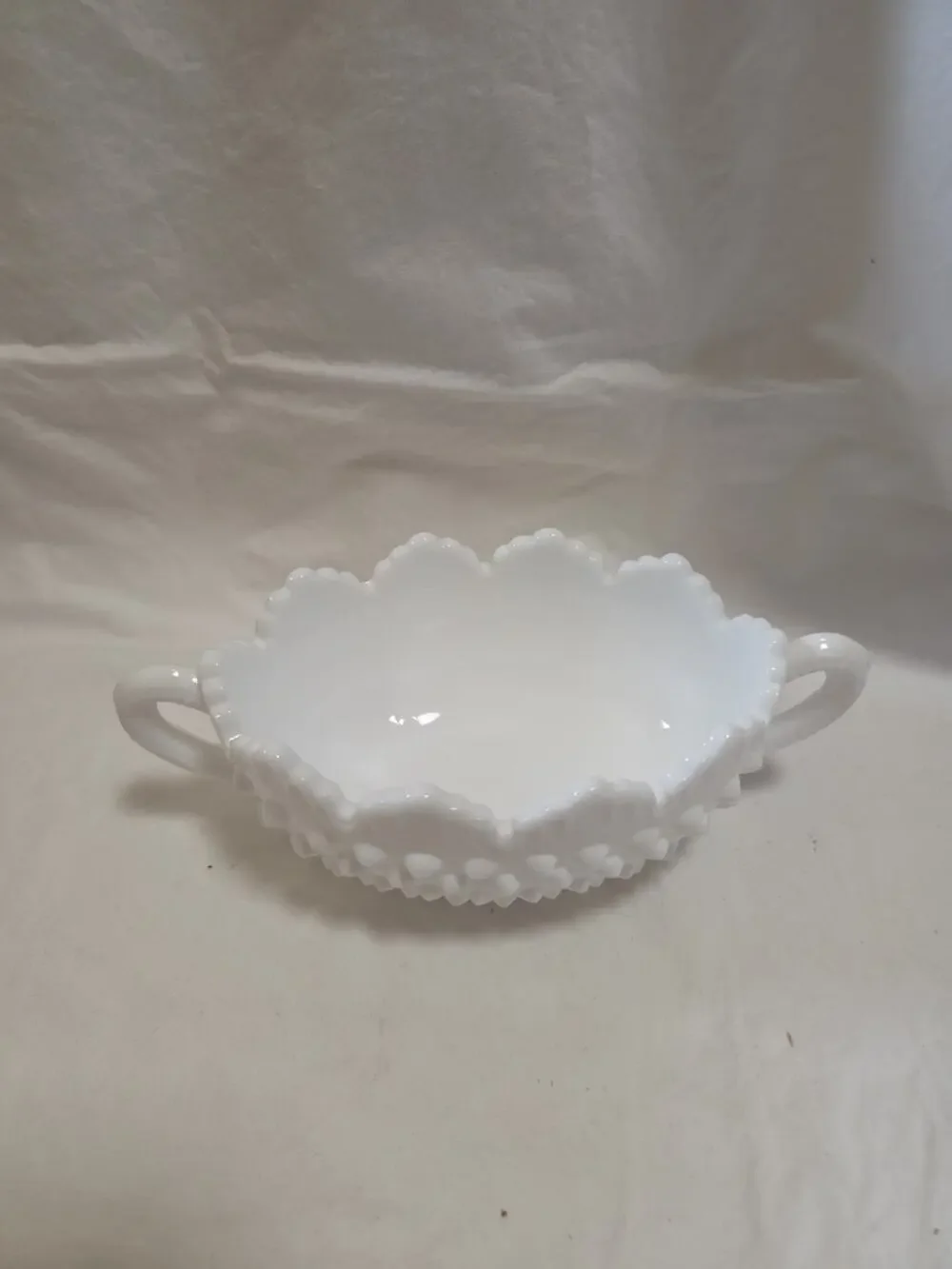 Fenton Hobnail Milk Glass Two Handled Oval Candy Nut Dish Bowl Ruffled Edge 7
